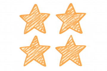 Four playful orange doodle stars representing ratings, floating on transparent backdrop, conveying feedback or review concept