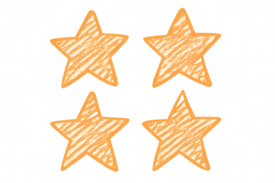 Four playful orange doodle stars representing ratings, floating on transparent backdrop, conveying feedback or review concept - Powered by Adobe