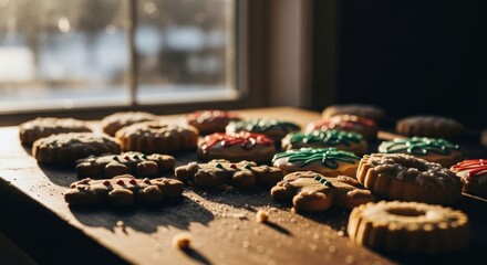 Cookies by window, sunlit, festive