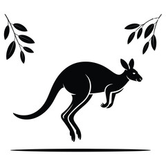 Black silhouette of a kangaroo leaping among eucalyptus branches