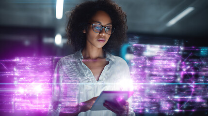 Woman using tablet with digital data visualization in futuristic environment