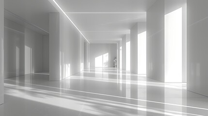 Obraz premium A bright white hallway with light streaming in through windows and reflecting off the shiny floor space
