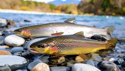 Two trout resting on river rocks