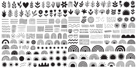 Vector Abstract Boho Clip Art Set. Organic Abstract Collage Element Clipart. Mint, Geometric, Hand Drawn Rainbows, Leaf, Plant, Brushstroke, Shapes and more. Vector illustration