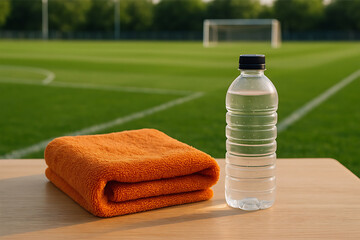 Towel and water bottle on a football field    