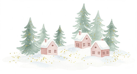 Obraz premium Winter landscape with pink houses and evergreen trees in snowfall 