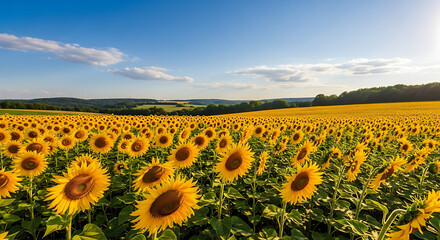 Obraz premium Field of sunflowers under bright summer sky with rolling hills