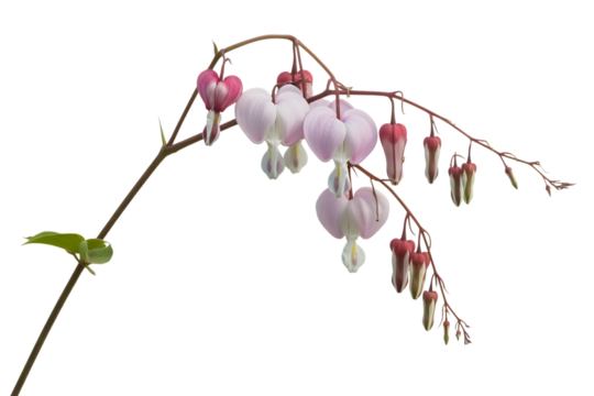 Delicate pink and white bleeding heart flowers hanging from a thin branch isolated on transparent background