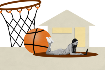 Composite trend artwork image photo collage of copyspace young woman work laptop pc remote home flat gym basketball game sport distance