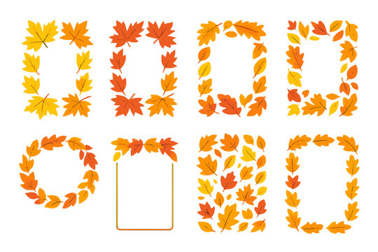 Autumn leaves flat icon set. featuring frames, wreath, foliage, seasonal, fall, decorative, and borders