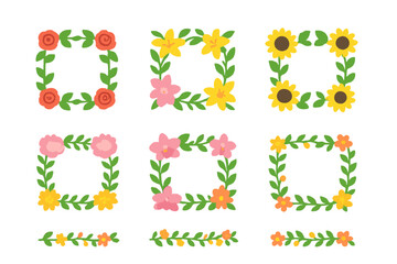 Floral frame flat icon set. featuring rose, daisy, sunflower, leaf borders, and decorative patterns