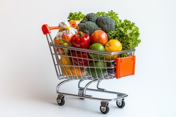 Shopping cart filled with fresh fruits and vegetables for healthy meals and snacks