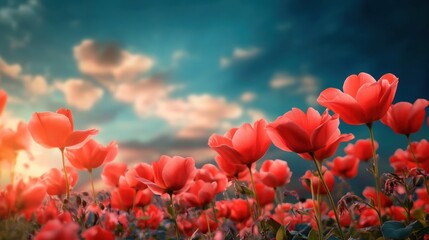 Naklejka premium Vibrant red flowers blooming in a sunset landscape with dramatic clouds