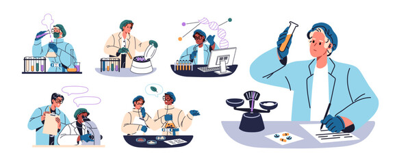 Set of scientists working in laboratory. Chemists do chemical analysis, blood tests in lab. Chemistry and science workers with beakers and equipment. Flat isolated vector illustrations on white