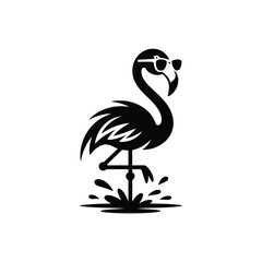 Cool black silhouette flamingo wearing sunglasses standing in water