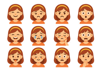 Fototapeta premium Emotions flat icon set. featuring happy, sad, angry, shocked, laughing, crying, thinking, surprised, confused, thoughtful, embarrassed.