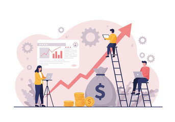 Modern Business Team Planning Financial Growth Strategy – Flat Style Vector Illustration with Charts, Graphs, Money Bag, Coins, Laptop, Arrow, Office Elements – Editable Design for Presentation.