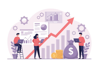 Modern Business Team Planning Financial Growth Strategy – Flat Style Vector Illustration with Charts, Graphs, Money Bag, Coins, Laptop, Arrow, Office Elements – Editable Design for Presentation.