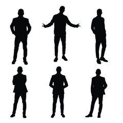 A collection of six full-length male silhouettes dressed in business attire, posing with various gestures. This set is ideal for professional and corporate-themed designs.