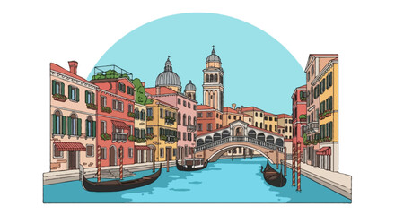Flat vector illustration of Venice cityscape, canals with gondolas, old Italian houses, bridges, flower pots, churches