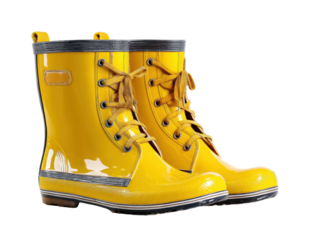 Rainy day fashion yellow rubber boots product closeup PNG, cut out, isolated on transparent background