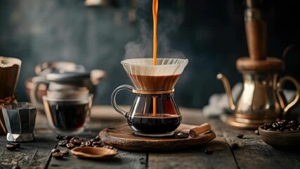 A french press filled with coffee grounds, sitting on a wooden table. The  has a monochrome look, emphasizing the textures and craft of brewing coffee.