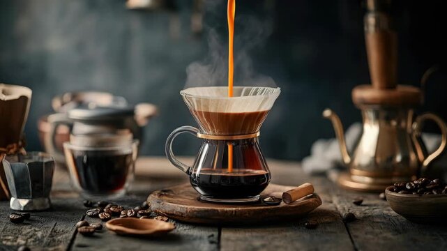 A french press filled with coffee grounds, sitting on a wooden table. The  has a monochrome look, emphasizing the textures and craft of brewing coffee.