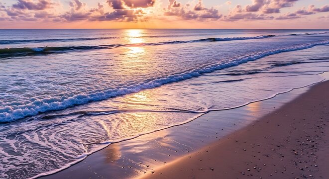 Sunrise paints a serene golden hue along a tranquil beach shoreline, where gentle waves kiss the soft sand.