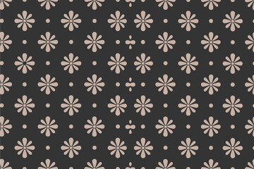 Repeating floral pattern with small dots and cross like shapes on a dark background in a symmetrical design