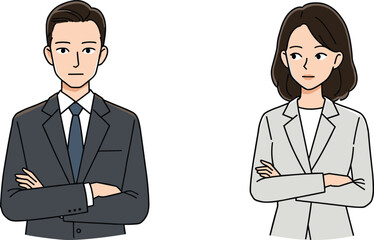 Two business professionals in formal attire standing confidently with arms crossed, ideal for corporate teamwork, leadership, and office concepts