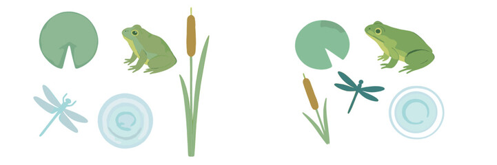 Green frogs, floating lily pads, tall cattails, and delicate dragonflies in a serene pond environment with gentle water ripples
