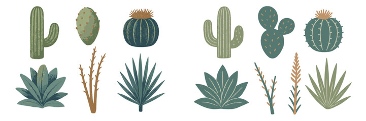 Stylized desert plants collection showcasing various cacti, succulents, and arid flora including prickly pear, barrel, and saguaro cactus species