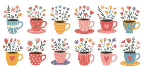 12 Cute Whimsical Cup of Flower Clip art Set. Cup Clipart, Flowers Clipart, Digital Download, Clipart and more. Vector illustration