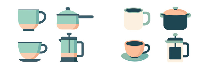 Obraz premium Modern kitchenware collection with coffee mugs, cooking pots, and a French press for home and kitchen