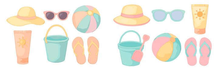 Collection of summer beach vacation accessories including hats sunglasses sunscreen beach balls buckets and flip flops