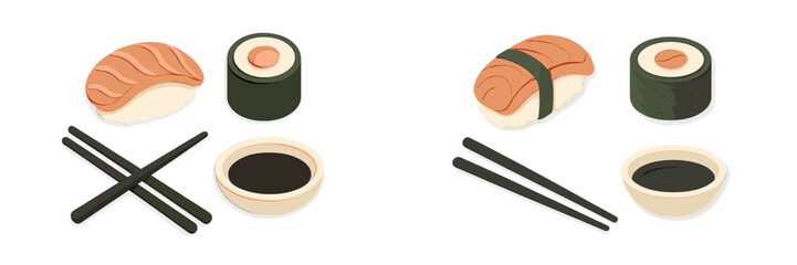 Assortment of traditional Japanese sushi rolls nigiri and maki with chopsticks and soy sauce bowls © icon_art