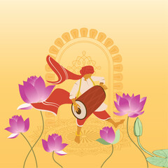 Bengali dhaki playing a dhak drum during Durga Puja festival on a decorative background with lotus display