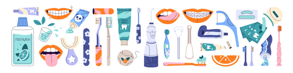 Dental health and oral hygiene set. Dentistry tools for caring about tooth- toothbrush, toothpaste, mouthwash, braces. Stomatology accessories. Flat isolated vector illustrations on white background