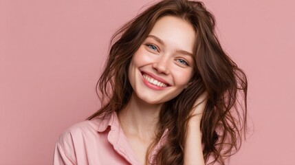 Fototapeta premium Young woman with long hair smiles joyfully against a pink background, showcasing natural beauty and a relaxed atmosphere