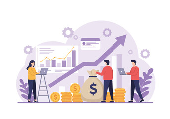 Modern Business Team Planning Financial Growth Strategy – Flat Style Vector Illustration with Charts, Graphs, Money Bag, Coins, Laptop, Arrow, Office Elements – Editable Design for Presentation.