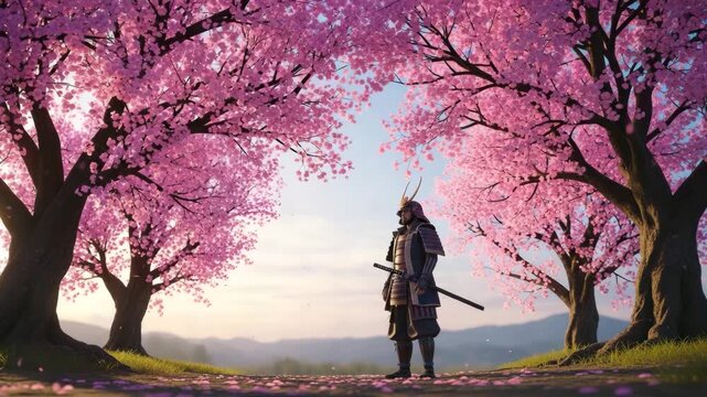 Epic samurai standing among blooming cherry blossom trees at sunrise, peaceful Japanese landscape, traditional armor, nature, warrior spirit, serene beauty