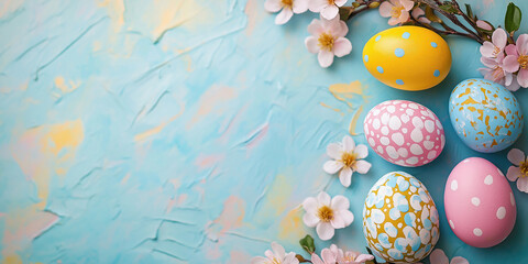 Colorful painted Easter eggs with spring blossoms on a pastel background