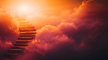 Stairway leading up through clouds at sunset creating a peaceful atmosphere