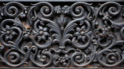 Gothic wrought iron pattern, intricate black curves and floral forms