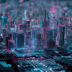 Futuristic cityscape with glowing neon lights and advanced technology