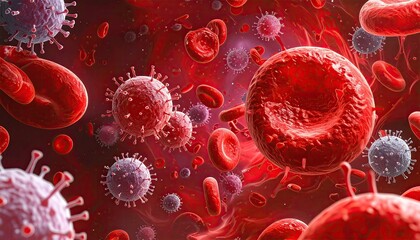 Microscopic View of Red and White Blood Cells Floating in a Red Liquid