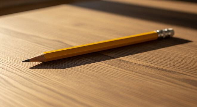 Sharp yellow pencil casting long shadow on warm wooden desk surface, ready for creativity - Powered by Adobe