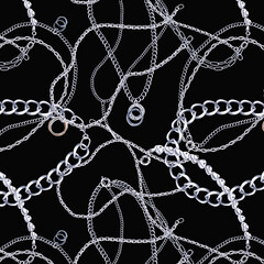 Seamless pattern with different necklaces, chains, pendants, pearls on a black background. Watercolor illustration is hand-drawn for packaging design, interior design, printing on fabric.