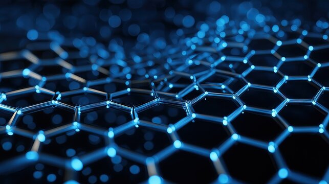 Futuristic hexagonal nano-material texture glowing in blue light - Powered by Adobe
