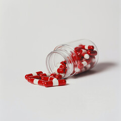 Open glass bottle spilling medicinal capsules on plain background
